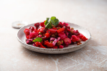 Traditional beetroot salad with green pea