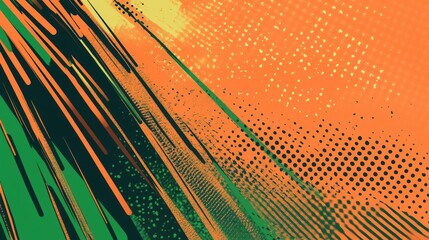 Abstract art with orange, green, and dark strokes, dots, and lines.