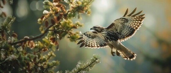 A Red-tailed Hawk takes flight from a conifer tree, wings spread wide, with clear details visible. Background features blurred green and yellow.