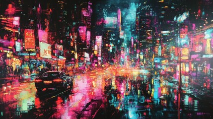 Obraz premium Vibrant nighttime cityscape with car, neon lights, and rain reflecting on wet streets.