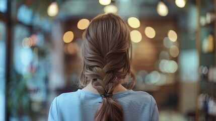 Obraz premium A brown-haired woman with a braid seen from behind in a cafe, looking out a window. Golden lights on the wall enhance the nostalgic atmosphere.
