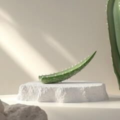 Fototapeta premium advertising background for natural deodorant, low empty podium made of white crystalline mineral, light background, in the foreground lies a piece of beautiful aloe,generative ai