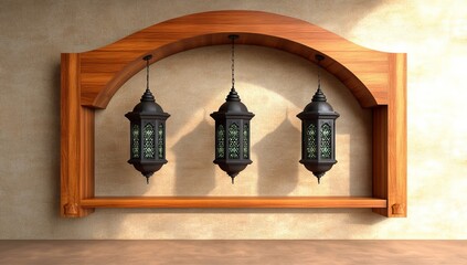 3D wood-carved arch with lanterns, Ramadan Islamic ornament concept
