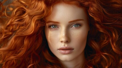 Portrait of a woman with red hair, green eyes, and freckles. Dreamy and elegant vibe with a subtle smile. Tender and mysterious atmosphere captured in the image.