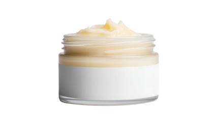Close-up of a glass jar filled with a creamy, white substance, ready for use. The label is blank, perfect for your own design.