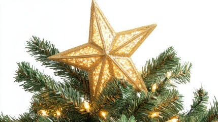 close-up christmas tree with golden star against white background