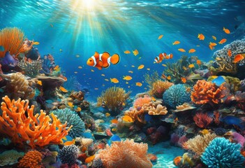 Obraz premium vibrant underwater coral reef close showcasing colorful marine life lush textures captivating submerged environment, adventure, algae, aquatic, beautiful
