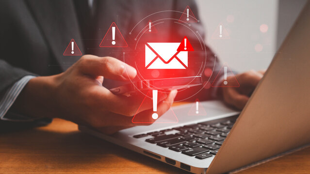 Email Security Warning Notification Concept. new email notification and internet communication concept, email technology icon, cybersecurity threats. spam virus, junk mail, scam