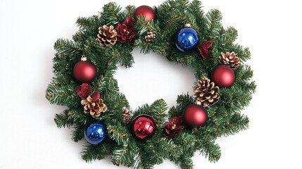A festive wreath of evergreen branches adorned with ornaments and ribbons for Christmas celebration preparation