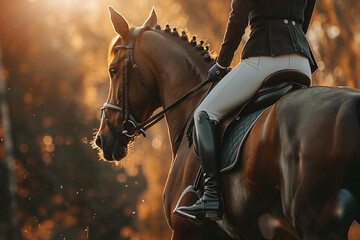 Generative AI illustration, equestrian sports lesson training, young person man woman kid learning to ride a horse
