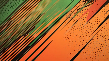 Fototapeta premium Abstract orange and green diagonal stripes and halftone pattern background.
