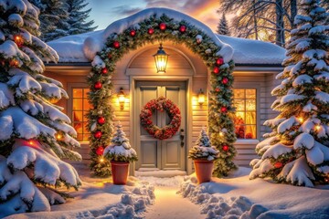 Obraz premium Festive Doorway with Christmas Chaplet Decoration for a Beautiful Winter Holiday Scene, Cozy Atmosphere, Snowy Landscape, Holiday Cheer, and Warm Lighting