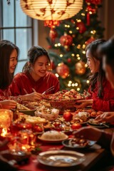 Family gathered around a table decorated with traditional Asian New Year foods, wearing red clothing,
