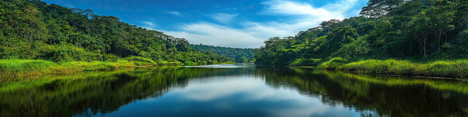 Rainforest: A serene scene of a river winding through the lush vegetation, reflecting the blue sky above.