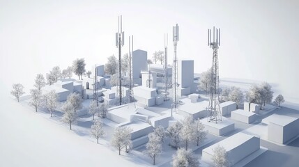 Obraz premium Monochrome 3D rendering of a cityscape with numerous communication towers and trees.