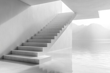 design showcases contemporary staircase floating steps crafted glass and steel railings illuminated soft natural lighting tranquil white space