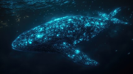 Naklejka premium Glowing whale illustration, underwater, dark blue ocean.