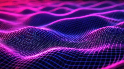 Abstract pink and blue neon glowing wave grid.