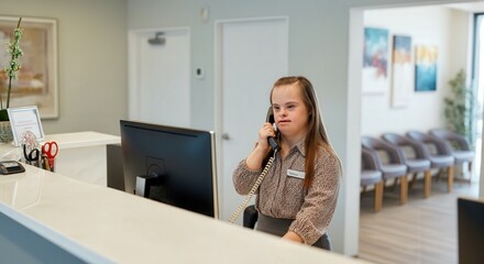 Professional receptionist in office setting emphasizing diversity and digital communication