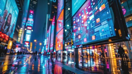 Obraz premium A low angle view of a busy city street at night with tall buildings and bright billboards.