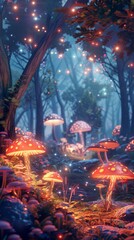 Mystical forest with glowing mushrooms and enchanted creatures, 4K illustration