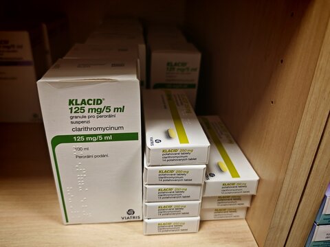 Prague,Czech republic &ndash;August 23 2024 : Pharmacy store- Klacid antibiotics medicine in syrup form in a box standing on a table in soft focus background.Clarithromycin	
