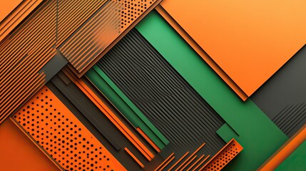 Abstract geometric pattern with orange, green, and black shapes.