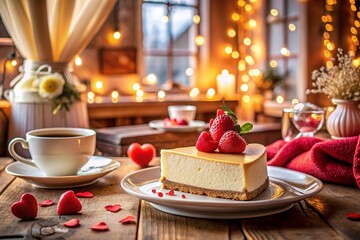 Obraz premium Romantic Valentine's Day Cheesecake with Heart-Shaped Decorations Set Against a Charming Architectural Background of a Cozy Café, Perfect for Celebrating Love and Indulgence