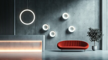 Obraz premium Modern minimalist lobby with red sofa, concrete wall, and circular lights.