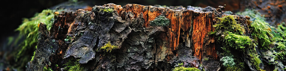 Fototapeta premium A close-up of an ancient tree stump, covered in moss and lichen, amidst the modern world's footprint on the rainforest.