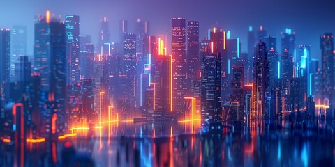 Fototapeta premium Sci-fi city skyline with olive and indigo neon lights. Night scene with advanced skyscrapers. 3D Render.