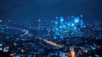 Obraz premium Night cityscape with digital network overlay.