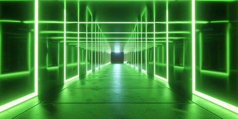 Neon Green, Chartreuse, and Kelly Green colored streaks form an abstract neon lights tunnel. 3D Render.