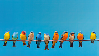 Group of small colorful birds perched on a wire against clear blue sky background.
