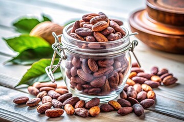Glass Jar of Organic Cocoa Beans on White Still Life, Chocolate Ingredients, Natural Food Photography, Healthy Lifestyle, Eco-Friendly Treats, Sustainable Living, Organic Products