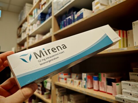 Prague, Czech Republic -October 9 2024: MIRENA intrauterine device with LEVONORGESTREL active substance by BAYER, used for birth control and contraception.	