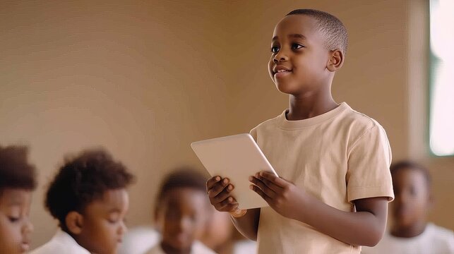 A young boy smiles confidently while presenting in a classroom filled with attentive peers.