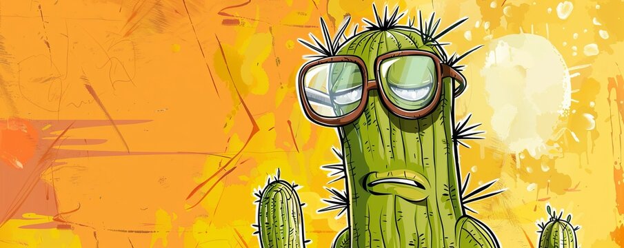 Cartoon nervous green cactus with glasses hesitates to stand in the hot sun.