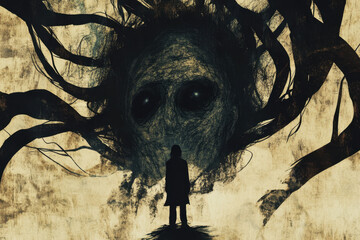 Manslaughter and Mental Illness. A shadowy figure stands before a giant, haunting face surrounded by twisted branches, evoking a sense of fear and mystery in a dark, surreal landscape.