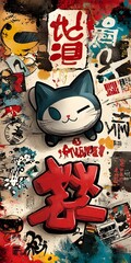Vibrant collage of quirky Japanese kanji symbols  comic book inspired graffiti art  and organic line work on a textured  grungy urban background  This contemporary