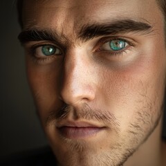 Obraz premium Young man with thick eyebrows and a thoughtful look, looking straight into the camera, photo for a profile picture.