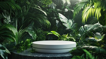 Obraz premium Lush tropical foliage surrounds a minimalist white cylindrical podium, ideal for product display or presentation.