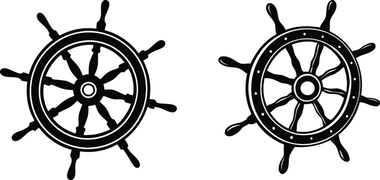 silhouette of nautical ship steering wheel icon set vector, boat handwheel, ship wheel helm.
