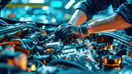 Close-up of a mechanic's hands repairing a car engine in a modern workshop, showcasing precision, technology, and craftsmanship. Ideal for automotive or industrial themes