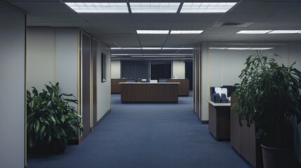 Empty, dimly lit office hallway with desks and plants.