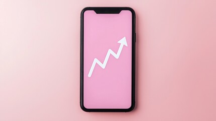 SEO ranking mobile concept. A smartphone displaying a pink background with a white upward arrow symbolizing growth and progress.