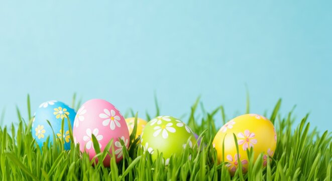 Colorful Easter eggs with floral patterns hidden in fresh green grass against blue sky