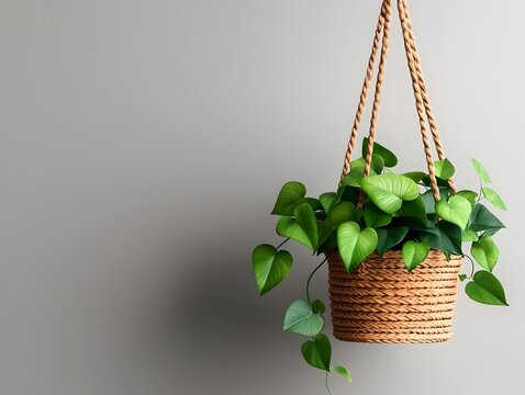 Hanging woven basket filled with trailing philodendrons and pothos cascading lush green vines and delicate leaves natural woven fibers handcrafted macrame techniques ultra detailed macro photography