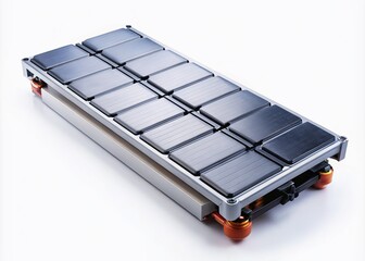 High-Voltage Lithium-Ion Battery Pack for Electric Vehicles: Isolated Night Photography of a Generic Skateboard Style EV Battery on White Background for Automotive Industry Applications