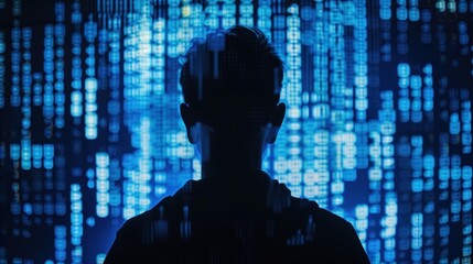 Hacker silhouette of person in front of blue digital code matrix display